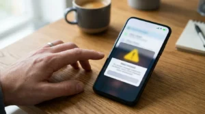 スマートフォンの画面に、契約状況の確認を促す警告ポップアップが表示され、操作が止まった瞬間。画面上部には電波アイコンと電池残量が表示され、中央には黄色い三角の注意マークと、登録情報の未設定を知らせる通知カードが重なっている。机の上に置かれたスマートフォンの横で、ユーザーが困惑して人差し指を止めている様子を手元から見た構図。
