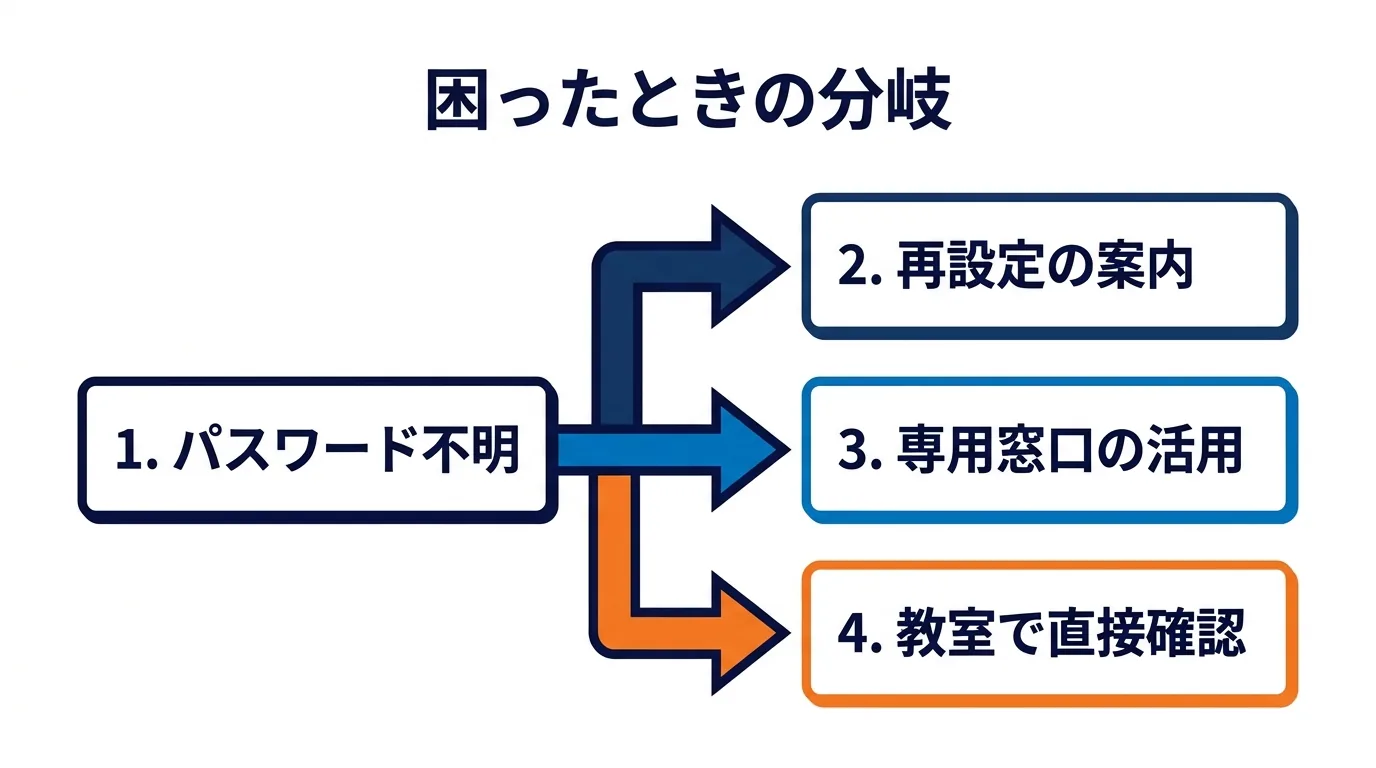 パスワードが分からない場合や画面が進まない場合に再設定や専用窓口や教室相談で解決する道筋を示す図