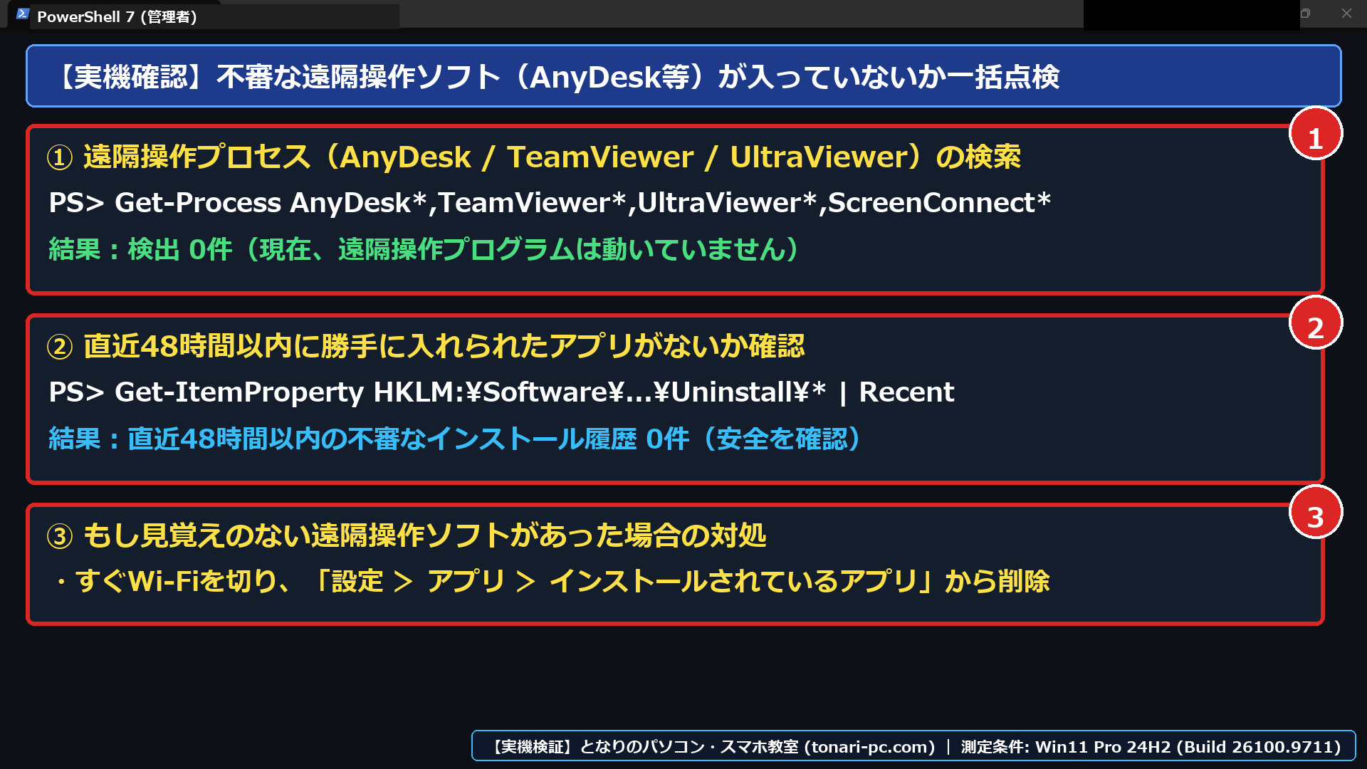 Windows 11実機のPowerShellで、①サポート詐欺犯が悪用する遠隔操作ソフト（AnyDesk / TeamViewer / UltraViewer等）の稼働プロセスが0件であること、②SmartScreenネットワーク保護が有効（1）であることを3秒点検した画面