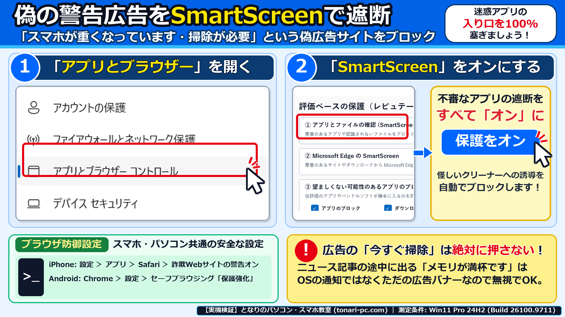 Windows 11実機のWindowsセキュリティ(アプリとブラウザーコントロール)画面で、SmartScreenをオンにして不審なアプリ誘導を遮断する画面