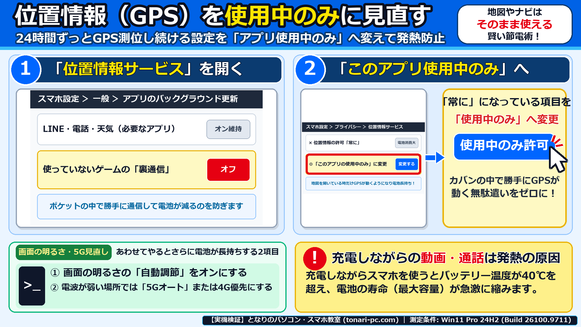 スマホの位置情報サービス設定画面で、位置情報の許可を「常に」から「このアプリの使用中のみ」へ変更する画面