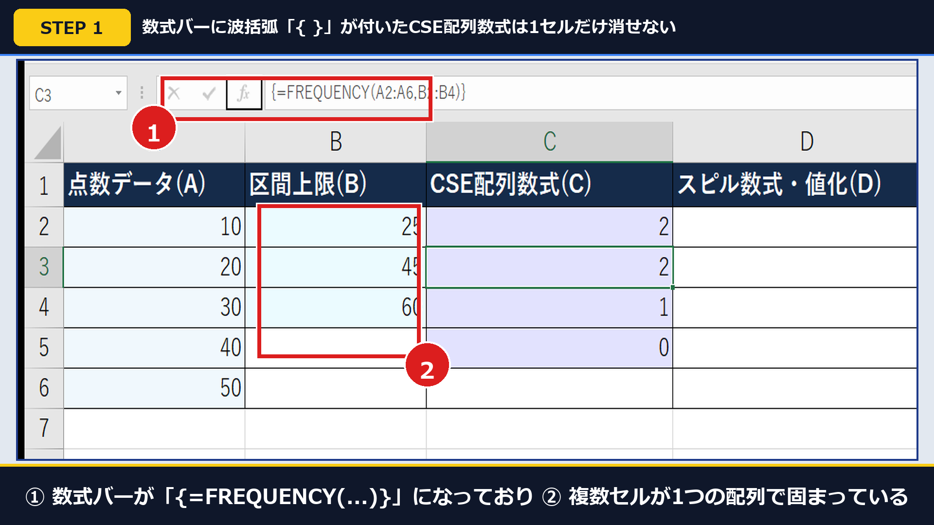 実機Excelで①数式バーが「{=FREQUENCY(A2:A6,B2:B4)}」になっており②複数セルが配列結合されている画面