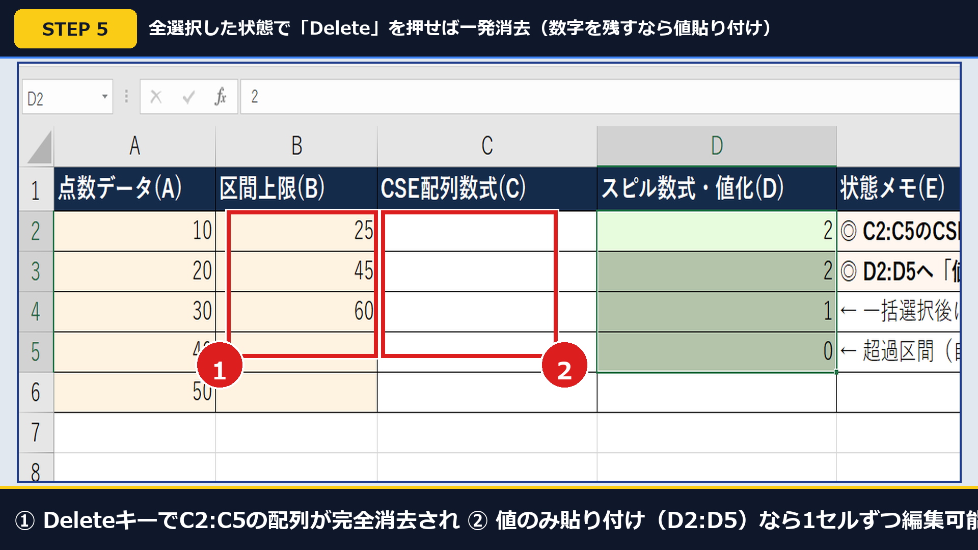 実機Excelで①C2:C5の配列をDeleteで一括消去し②D2:D5に値のみ貼り付けで数値化した画面