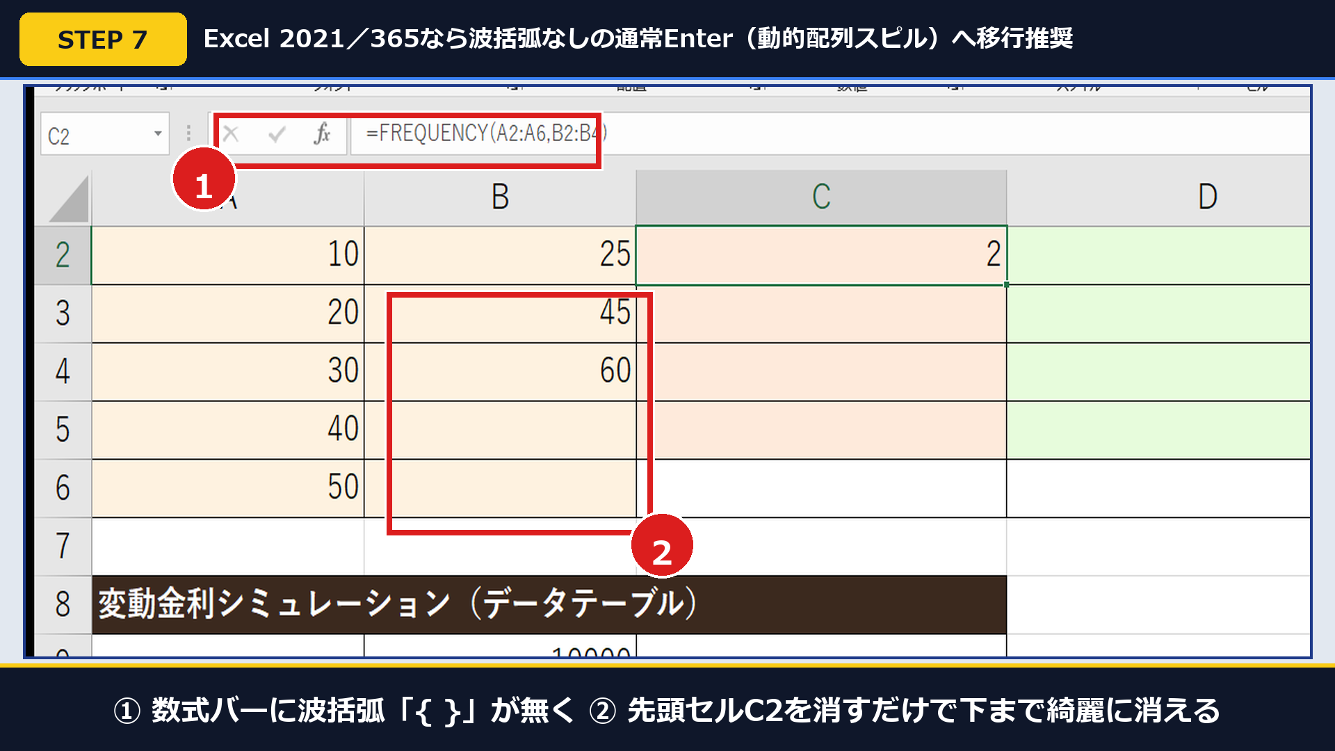 実機Excelで①波括弧なしの通常Enter(動的配列スピル)を先頭セルC2に入力し②C2:C5へ自動展開させた画面