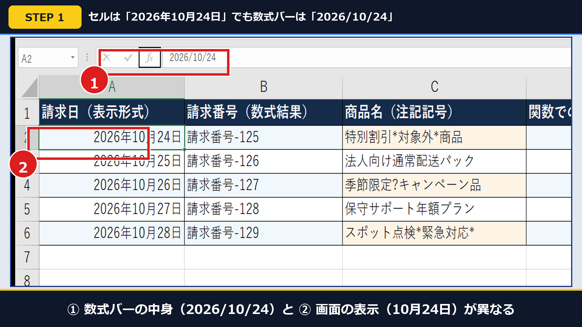 Excel実機でセルA2の表示は「2026年10月24日」でも数式バーは「2026/10/24」になっている画面