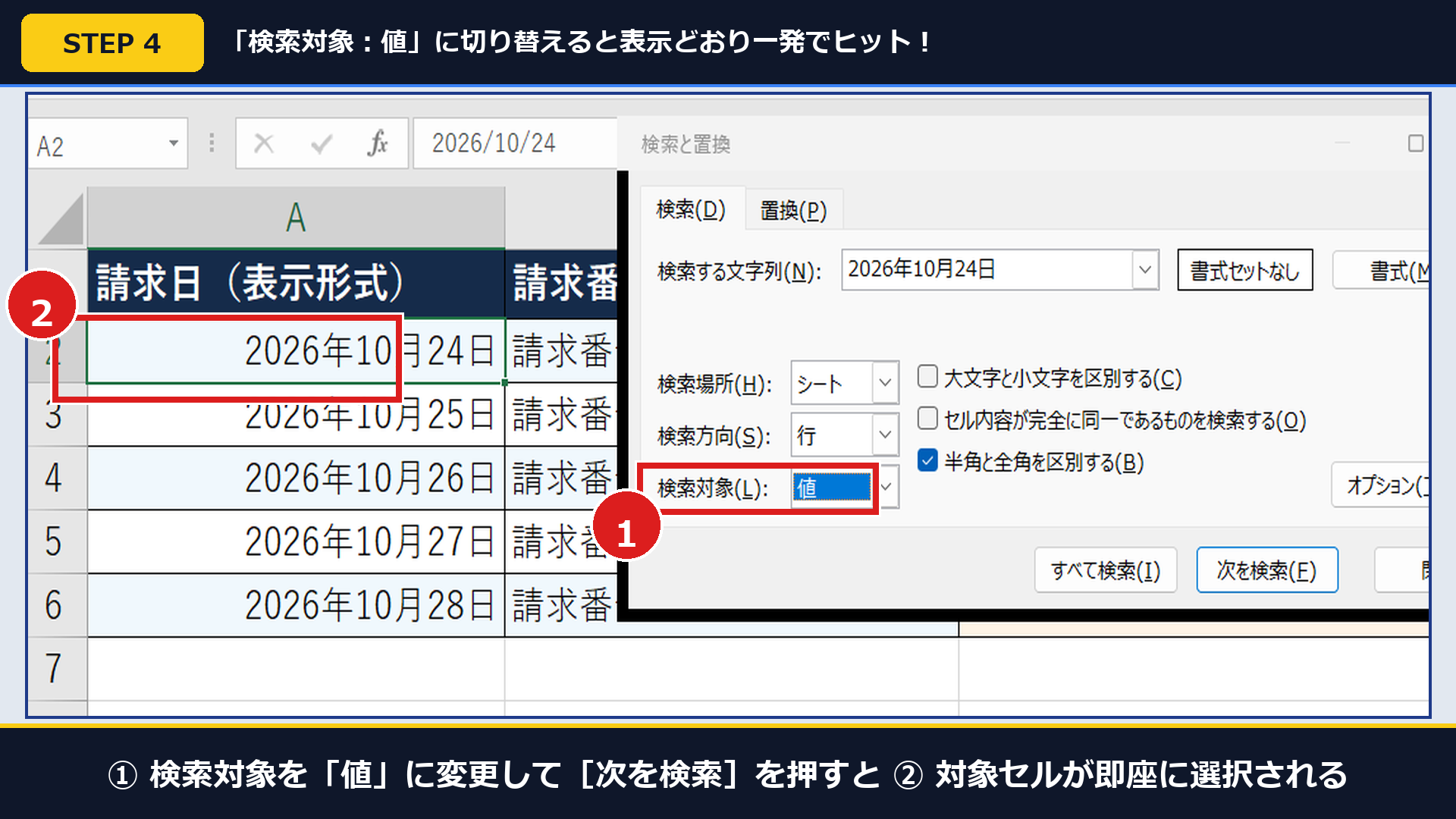 Excel実機の検索画面で①「検索対象:値」に変更して②セルA2の日付を一発ヒットさせた画面