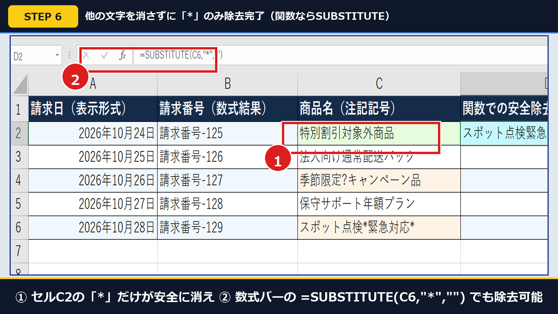 Excel実機で置換後に①セルC2の「*」だけが消え、②セルD2でSUBSTITUTE関数を使った画面