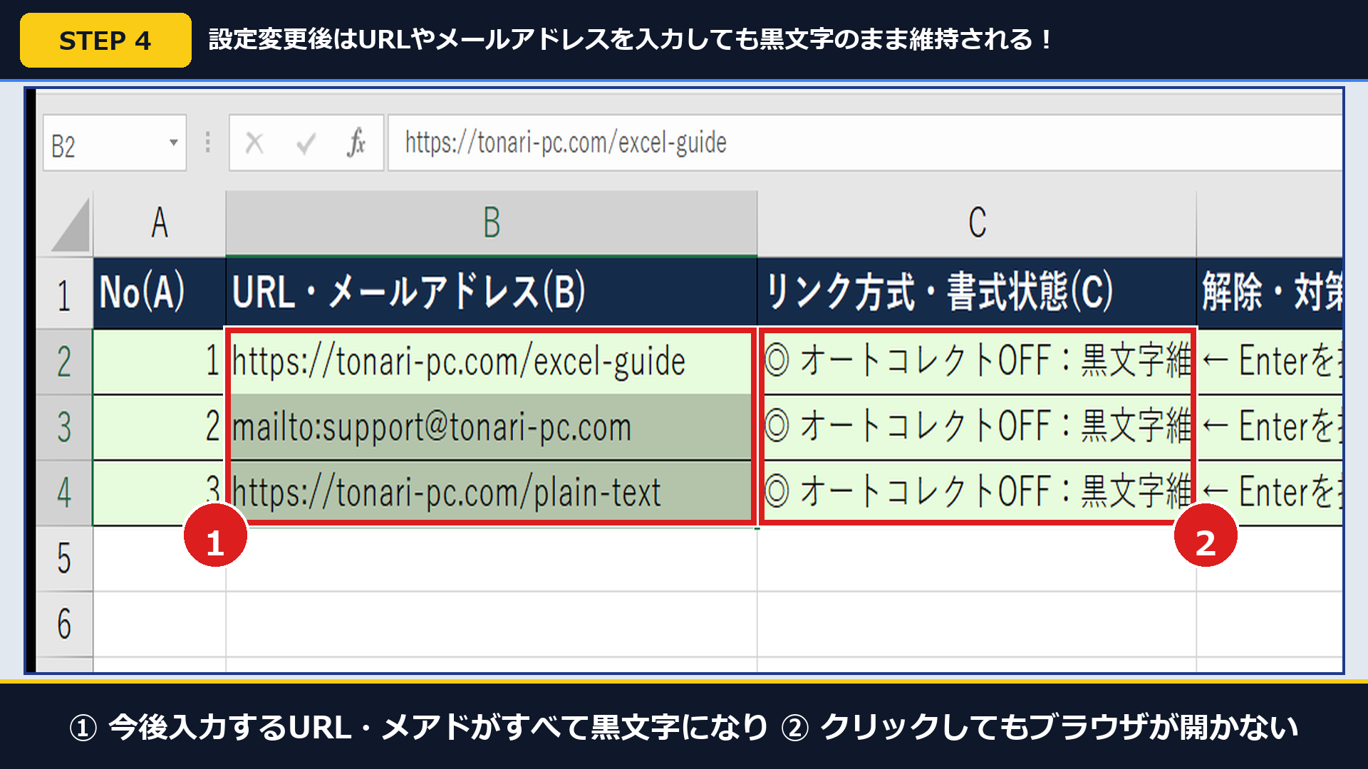 実機Excelで①オートコレクト停止後にURL・メアドを入力し②すべて黒文字の標準テキストで入力できた確認画面