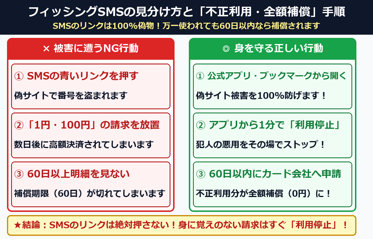 フィッシングSMSの見分け方と不正利用・全額補償手順の比較図解