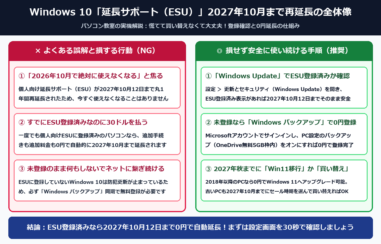 Windows 10「延長サポート（ESU）」2027年10月まで再延長の全体像比較図解