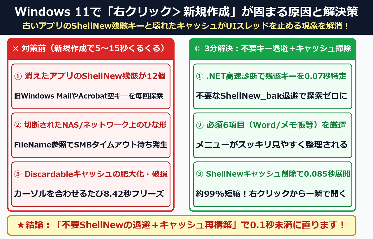 Windows 11で右クリック「新規作成」が固まる原因とShellNew残骸退避+キャッシュ掃除の結論まとめ図解