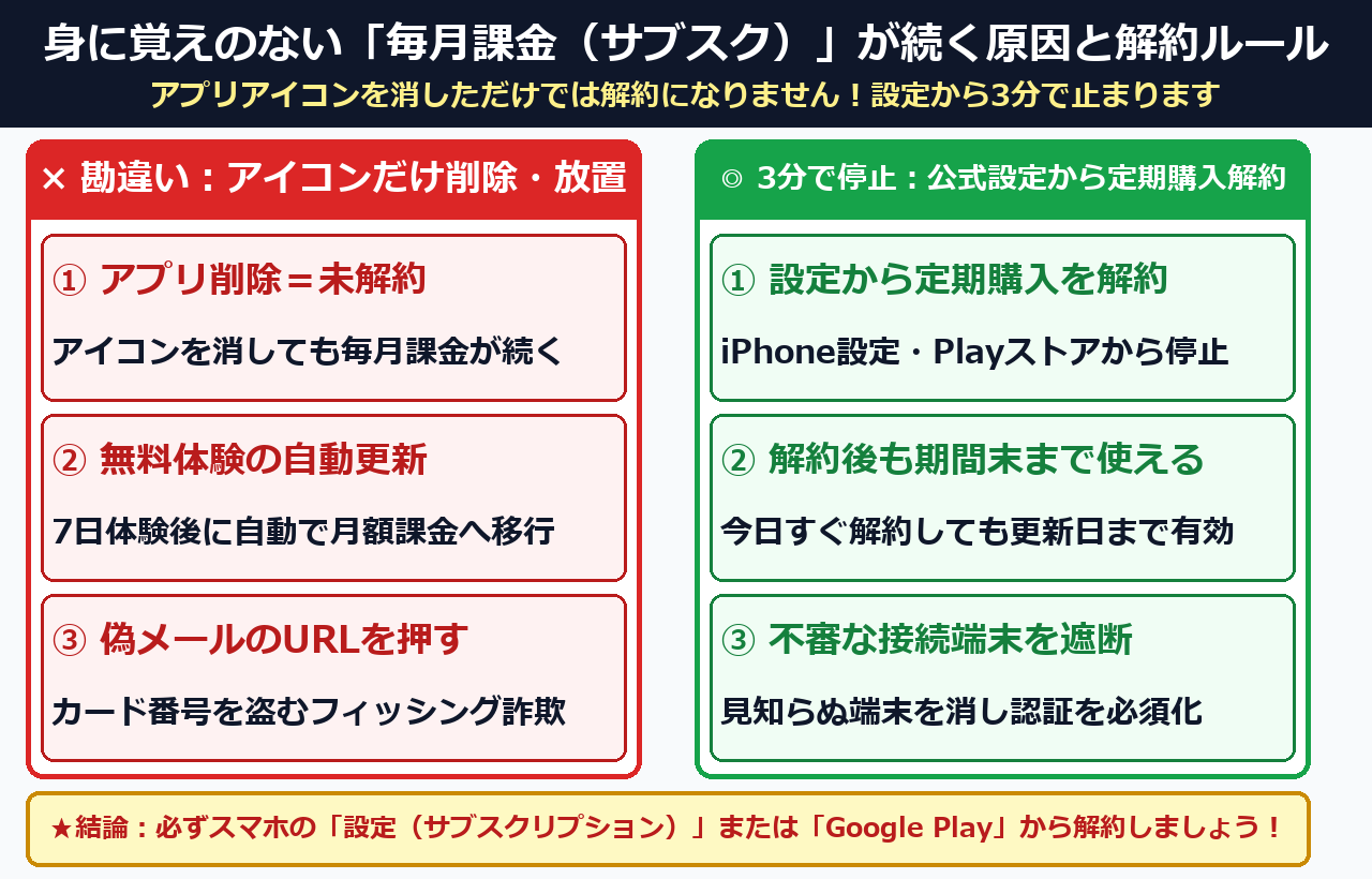 身に覚えのない毎月課金が続く原因と解約ルールの比較図解