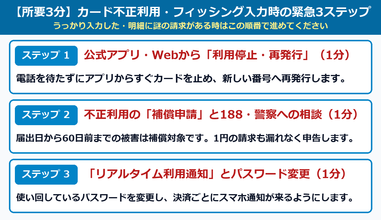 カード不正利用・フィッシング入力時の緊急3ステップ図解