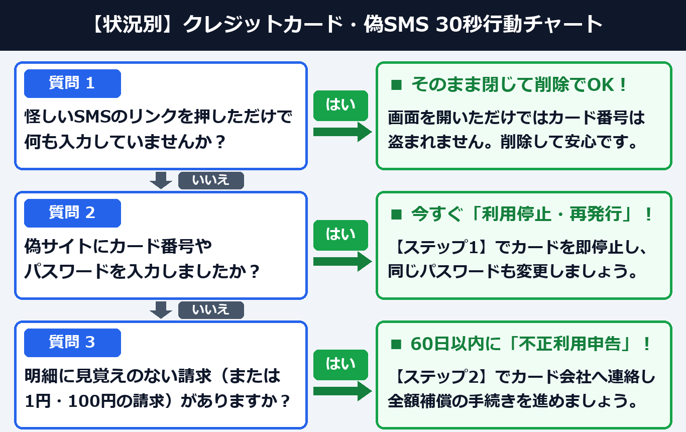 状況別 クレジットカード・偽SMS 30秒行動チャート(案B:2列ツリー図解)
