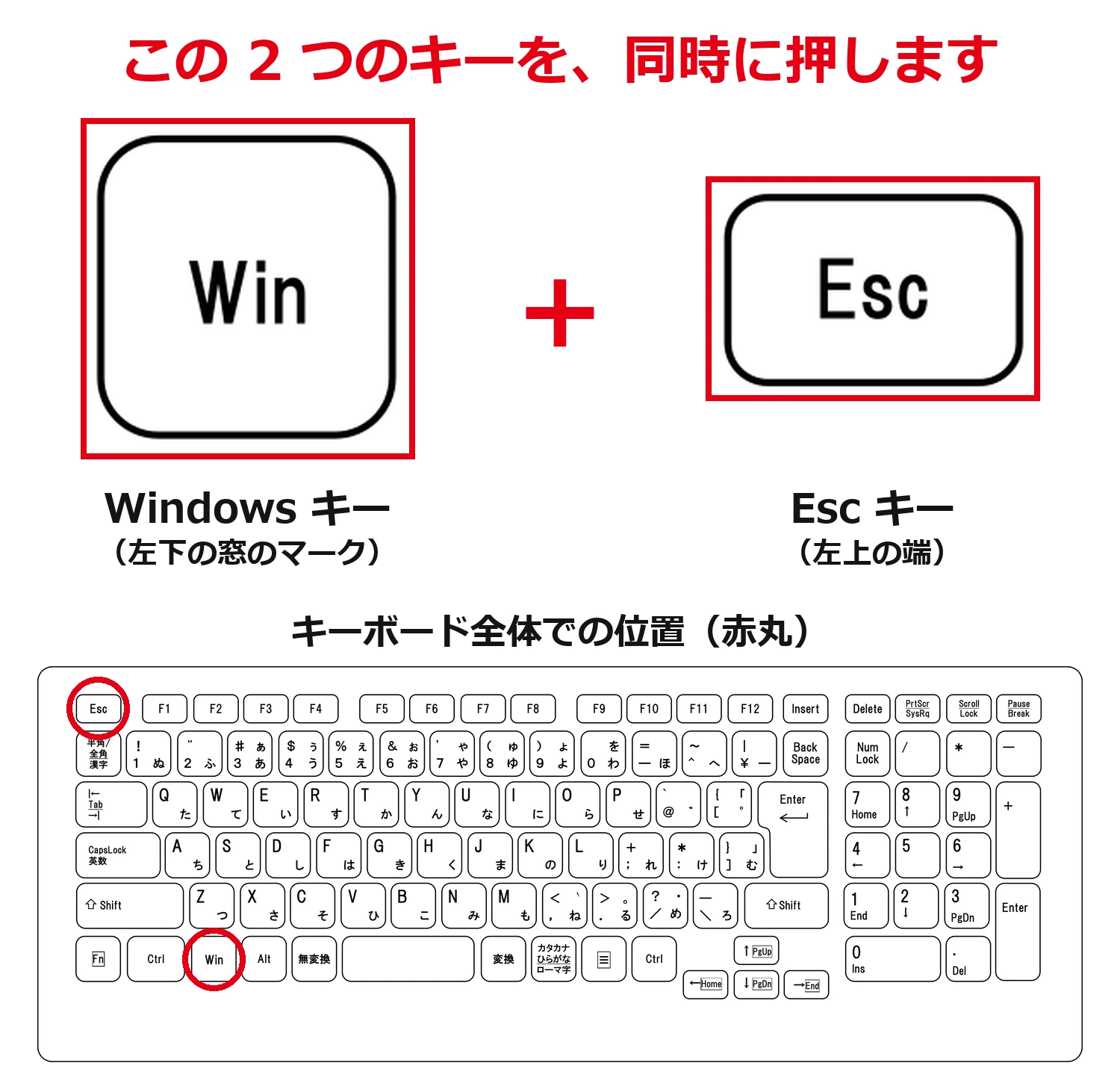 キーボードの Win キーと Esc キーの絵を「+」でつないだ図。下に、キーボード全体の中で Win キーが左下、Esc キーが左上の端にあることを赤丸で示している