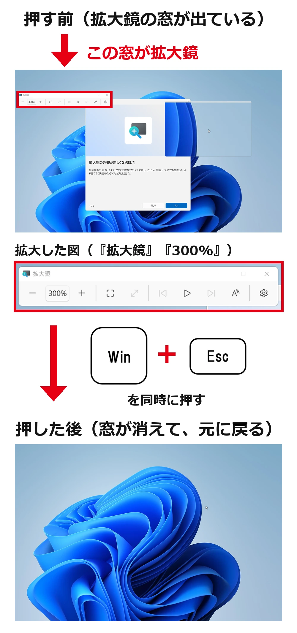 上は押す前の画面。左上に「拡大鏡」「300%」と書かれた小さな窓が出ていて、赤枠で囲み、拡大した図も添えている。間に Win キーと Esc キーを同時に押す絵があり、下は押した後の、窓が消えて元の大きさに戻った壁紙の画面
