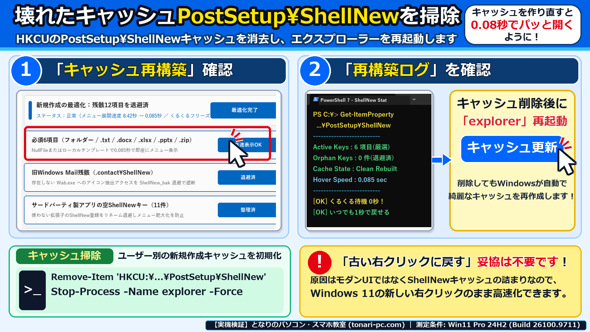 Windows 11実機でDiscardable\PostSetup\ShellNewキャッシュを削除しエクスプローラーを再起動して再構築した画面