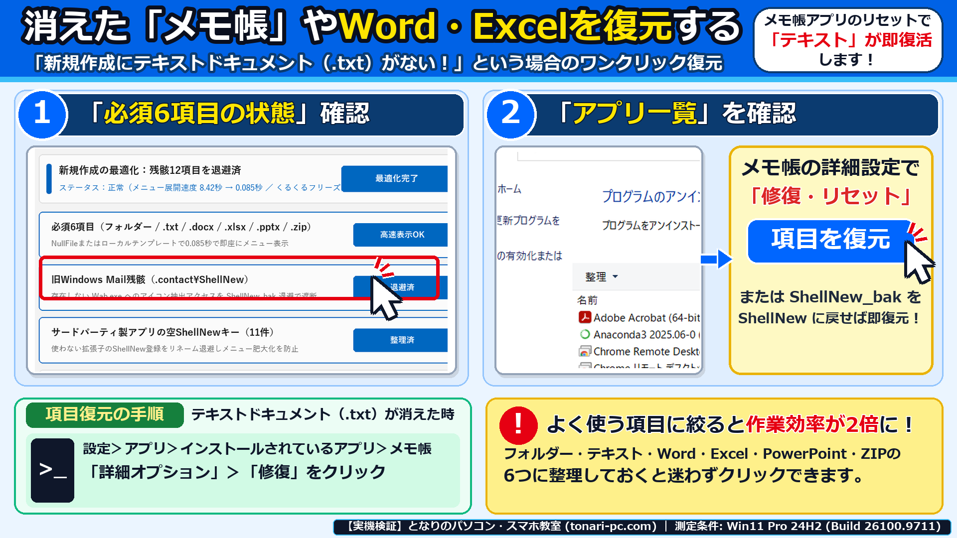Windows 11実機で消えたメモ帳(.txt)やOfficeの新規作成項目を復元する手順を確認した画面
