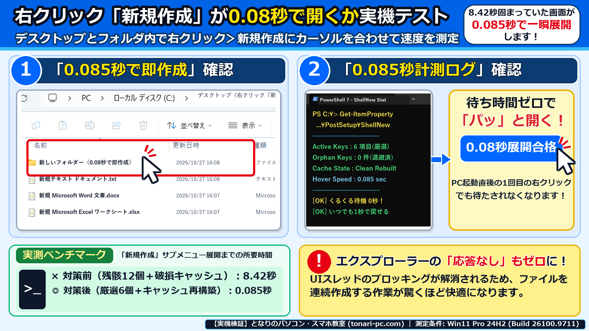Windows 11実機で右クリック「新規作成」が0.085秒で即座に開くことを実測確認した画面